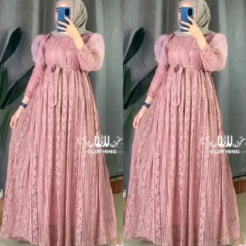 Dress Muslim Alice Maxy LD 140 cm Brukat Mix Organza Full Furing Kondangan Gamis Muslimah Remaja Pol