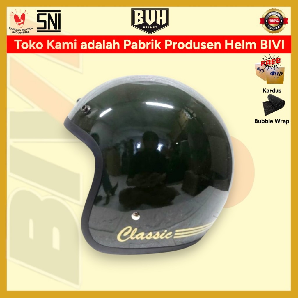 Helm BIVI Bogo Classic Army Glossy + Kaca SNI Retro Half Face Hijab Bivi Helmet Retro