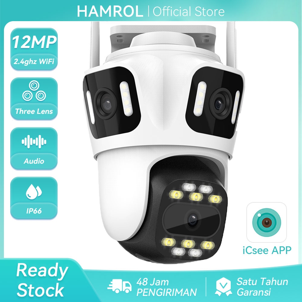 Hamrol 8MP Kamera WiFi PTZ With Dual Lens 12MP Three Lens Outdoor Security Camera CCTV iCsee App
