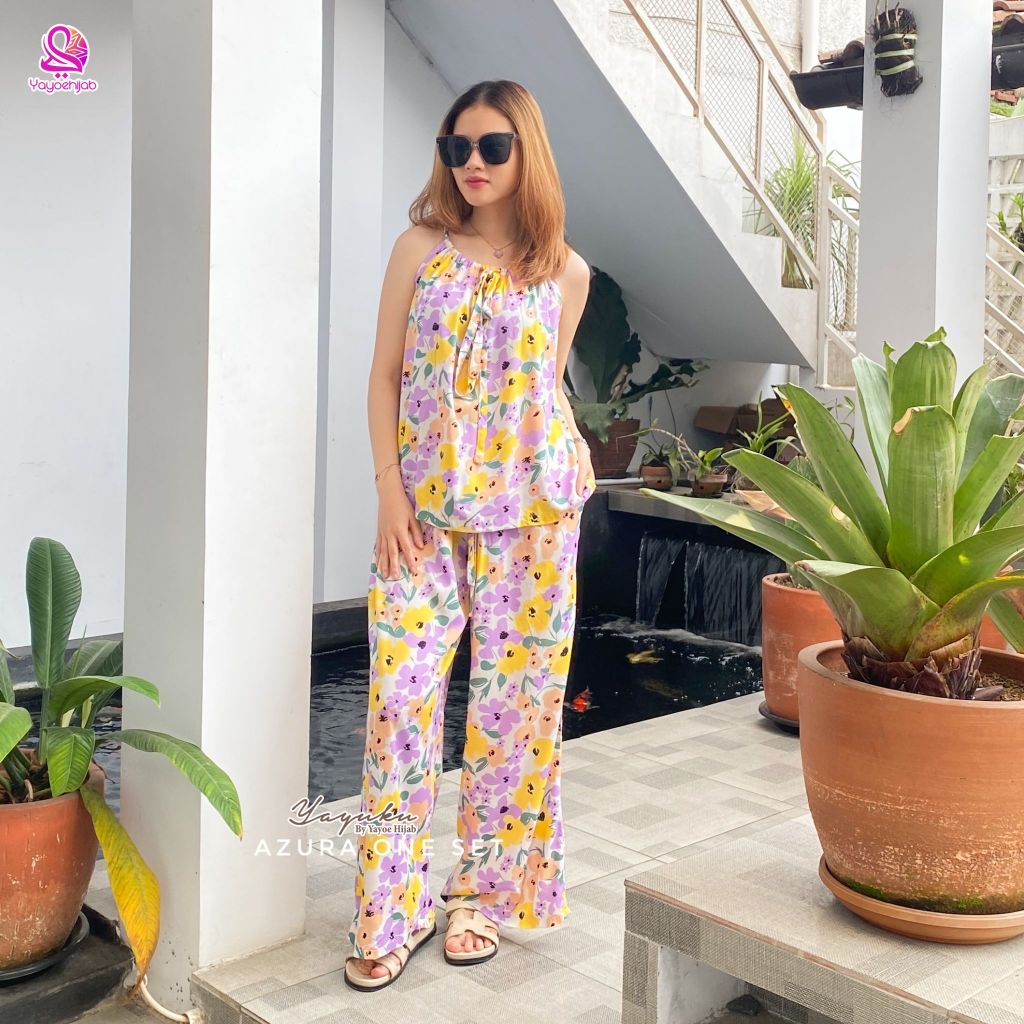 Azura Set Piyama Wanita Bahan Katun Rayon Lengan Tali Kutung Celana Panjang Tali Bisa Di Adjust