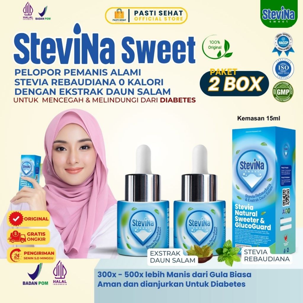 

(Kemasan box) Stevina Sweet Pemanis Stevia Alami 0 Kalori plus Herbal Daun salam Pengganti Gula membantu kadar gula tetap stabil Kemasan 2 botol