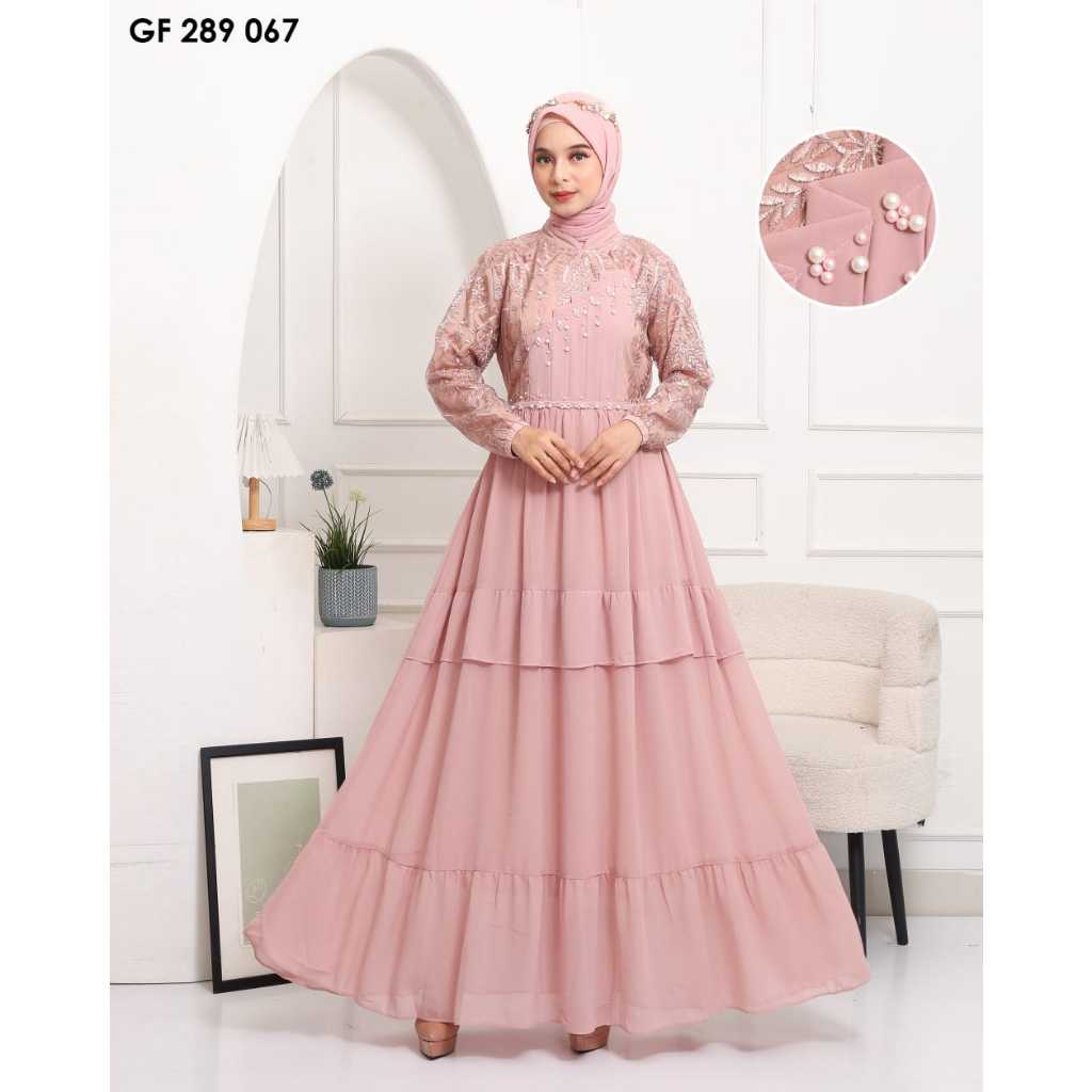 Lunnabby Gamis Yasmine Ceruty Brokat Mutiara Tanam - Warna Cokelat Muda, Taro, Peach, LD 108, Panjan