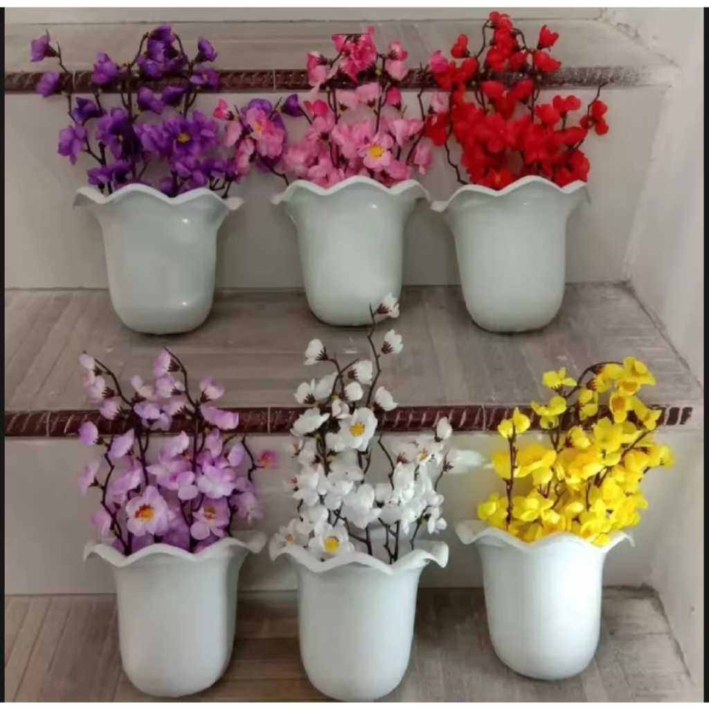 Set Bunga Sakura Plastik Artificial Palsu Pot Tempel Dinding / Bunga Artificial Mini / Bunga Hias Pl