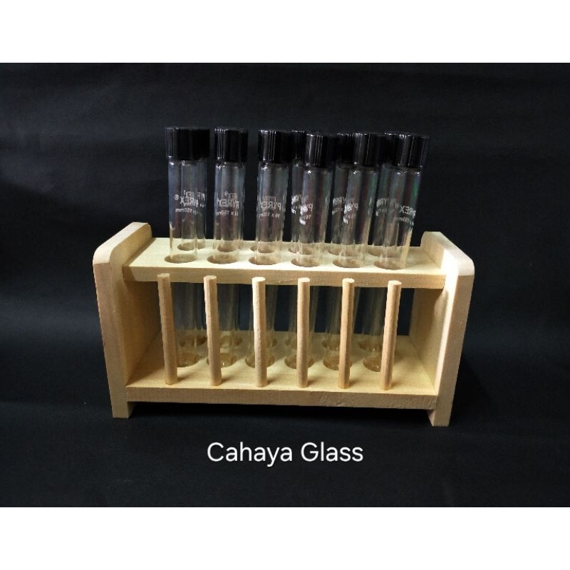 Rak Tabung Reaksi & 12pcs Tabung Reaksi 16×150mm Tutup Plastik PYREX