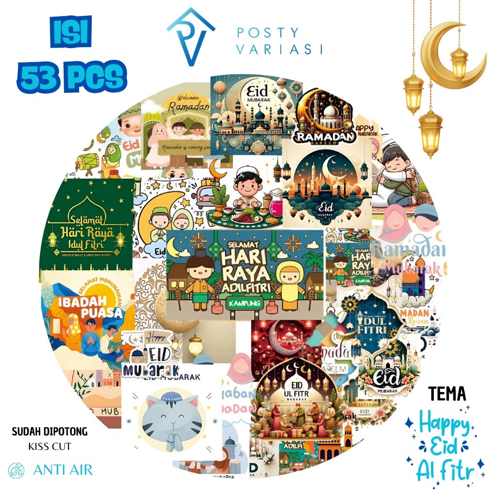 

Sticker Pack ISI 53 PCS Eid Mu'arrak Idul Fitri Aesthetic Paper Vinyl Waterproof Dekorasi Stiker Laptop Buku Journal Koper