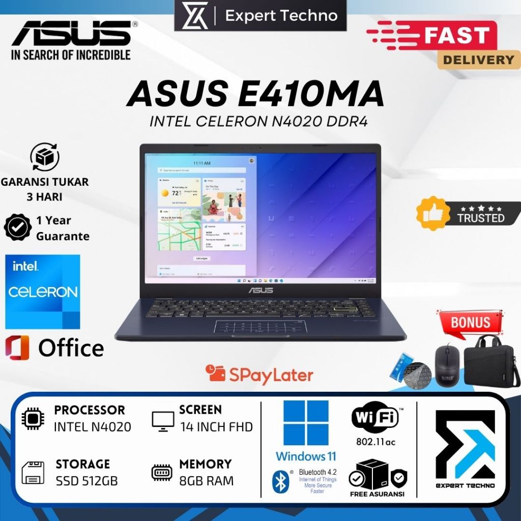 LAPTOP ASUS E410MA INTEL N4020 DDR4 - 4GB RAM - 512GB SSD - INTEL UHD - 14" - WINDOWS 10 - 4GB / SSD