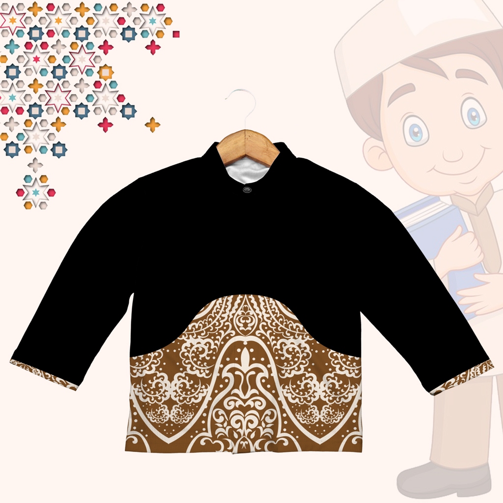 Baju Kaos Muslim Koko Anak Pattern Batik Mandala Hitam Gold Putih Art 10 Lengan Panjang Pendek 2025 