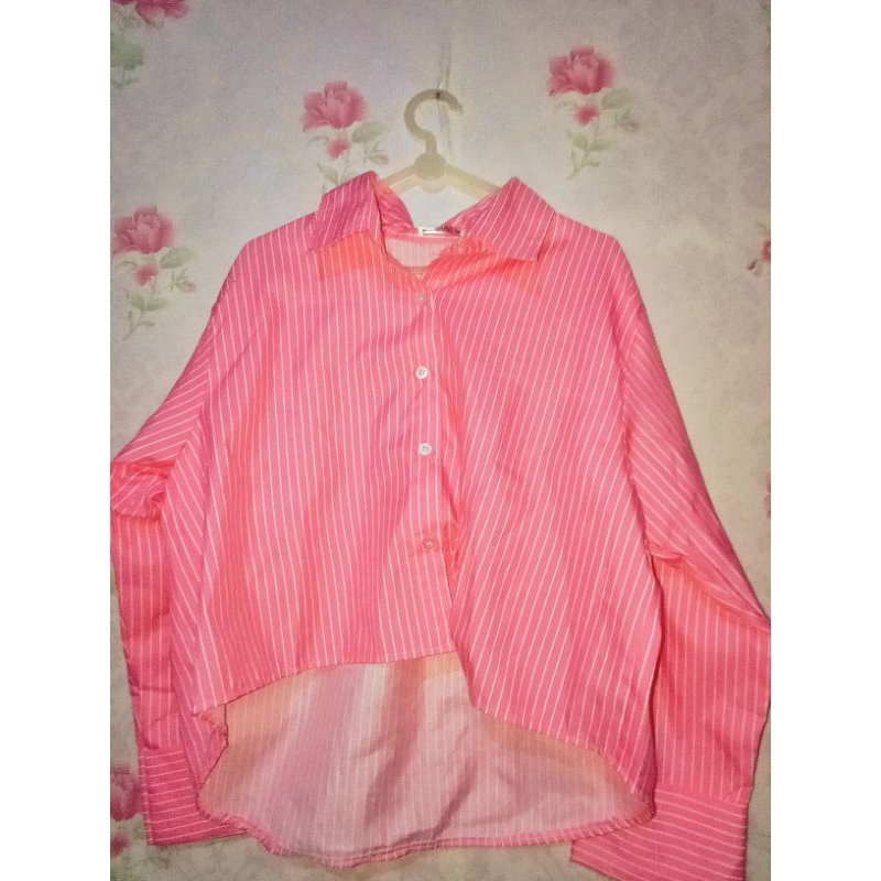 kemeja salur pink