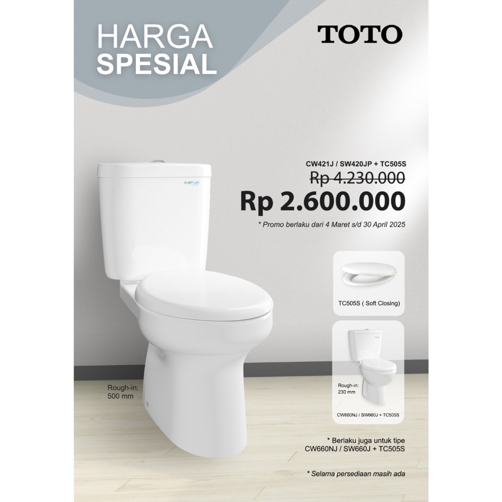 TOTO CLOSET DUDUK CW421J / CW 421 J / SW420JP / SW 420 JP + TUTUP TC505S (COMPLITE SET)