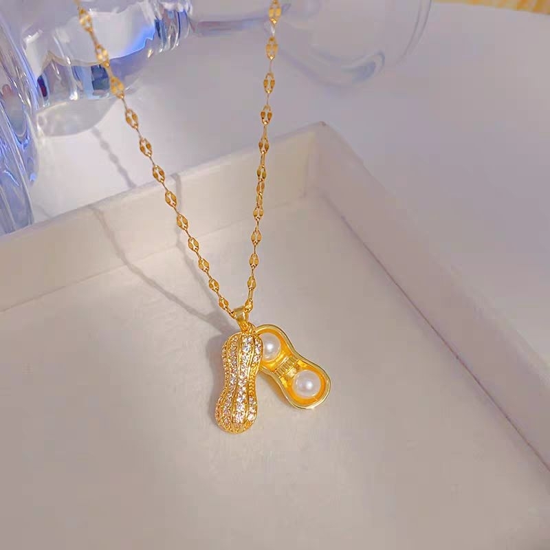 Kalung Titanium Wanita Anti Karat Asli Liontin Kacang