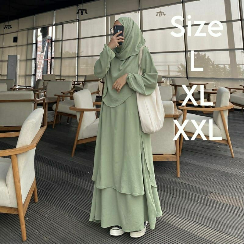 Hameda One set Rok Long Tunik Syari Baju Gamis Lebaran setelan Wanita Muslim Size Jumbo Bahan Crinkl
