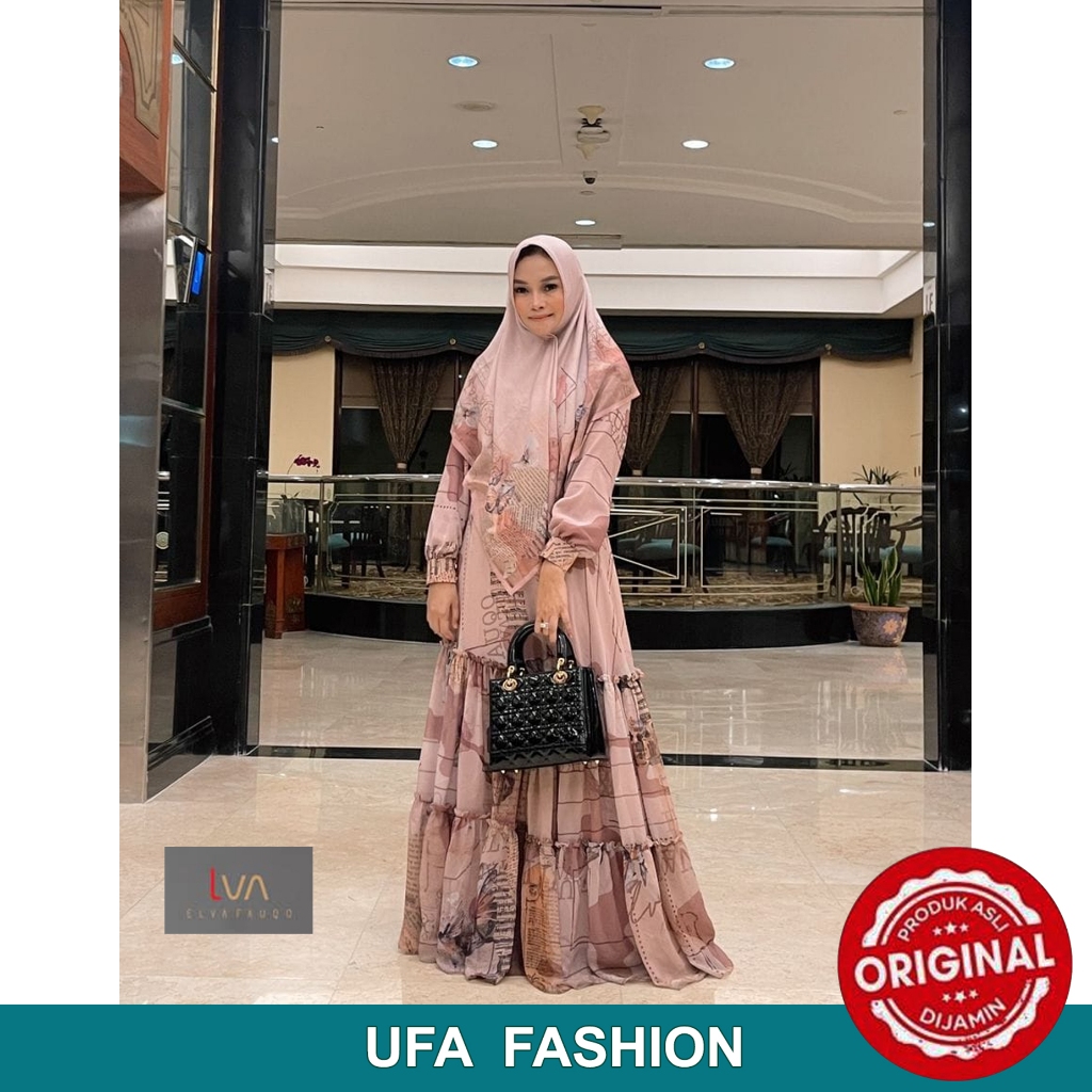 LVA SYARI SIENNA Nuansa Pink Blush, Setelan Dress + Hijab Kain Printing High Quality, PO 3 mggu