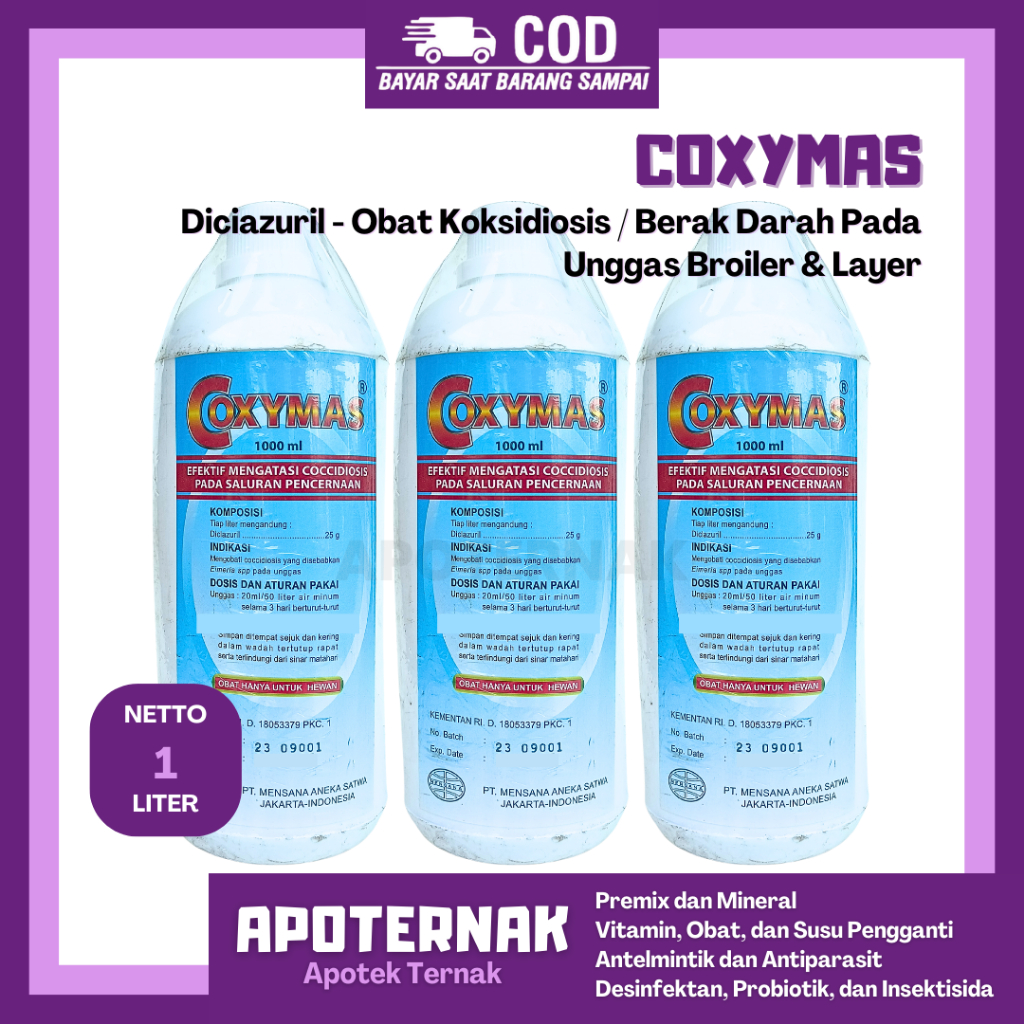COXYMAS 1 LITER - Obat Ayam Berak Darah Cocci Pencernaan Hewan Unggas Ayam Coccidiosis Diclazuril