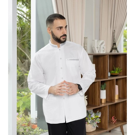 Baju koko Putih Bordir Premium Lengan Panjang - NH 14 S Nizar Bordir