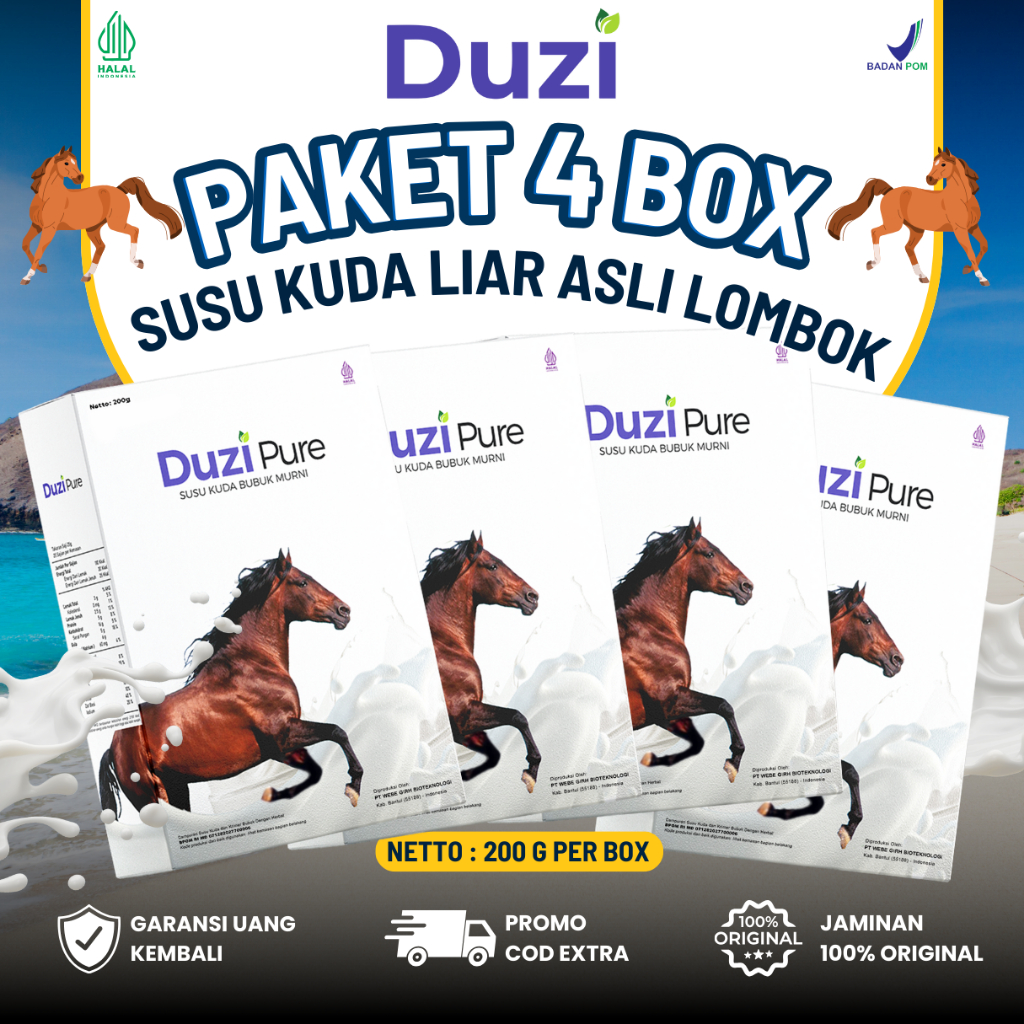 

4 BOX TERLARIS DUZI PURE 100℅ ORIGINAL SUSU KUDA LIAR LOMBOK DUZIPURE ASLI MENGATASI NYERI SENDI & TULANG 200MG, SUPLEMEN KESEHATAN