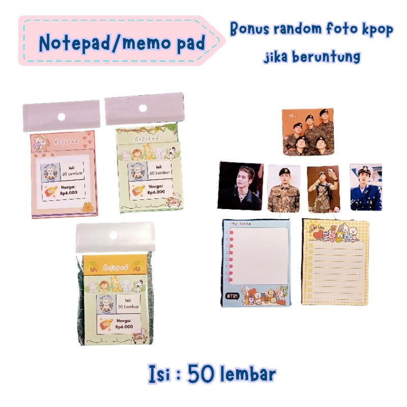 

(50 lembar) Notepad/Memo pad KPop, BT21 dan random