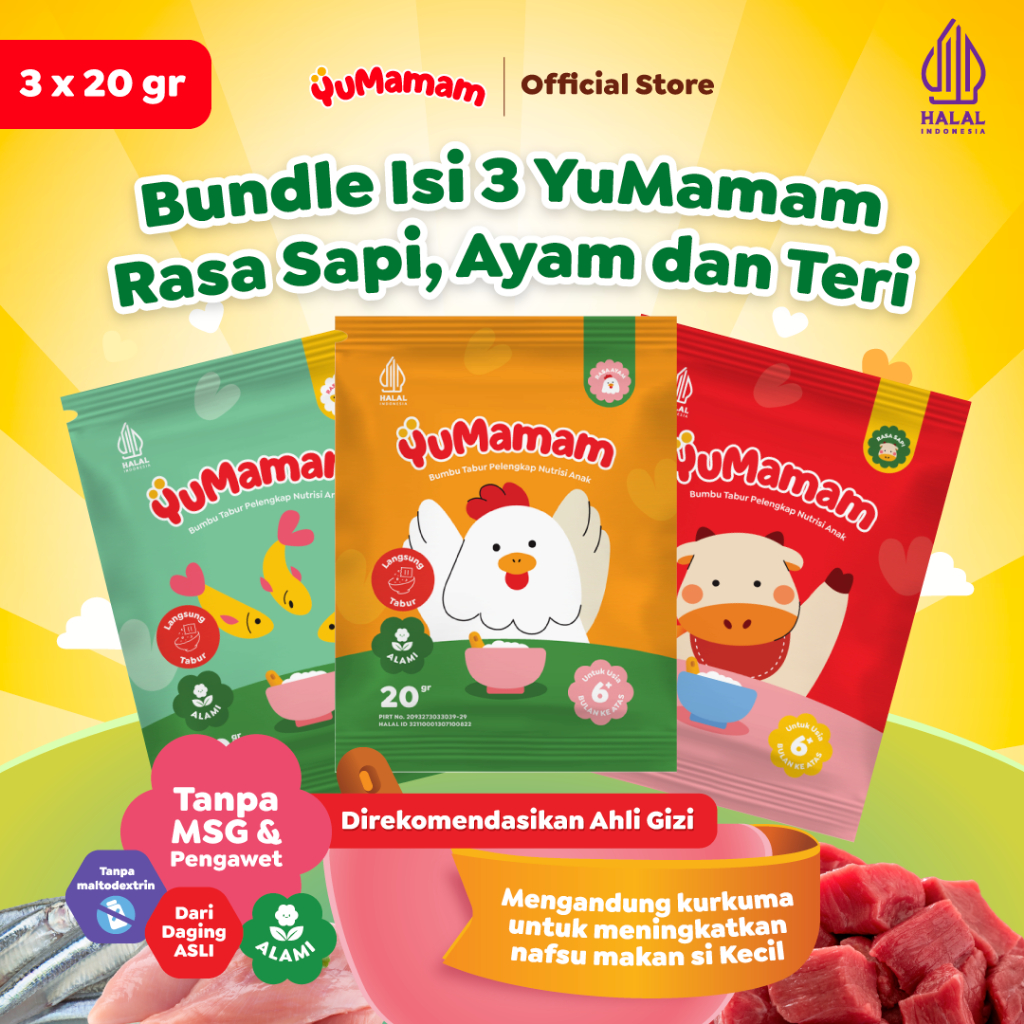 

YuMamam Bumbu Tabur MPASI Praktis | Alami Tinggi Protein & Kurkuma Penambah Nafsu Makan - NON MSG | BUNDLE ISI 3