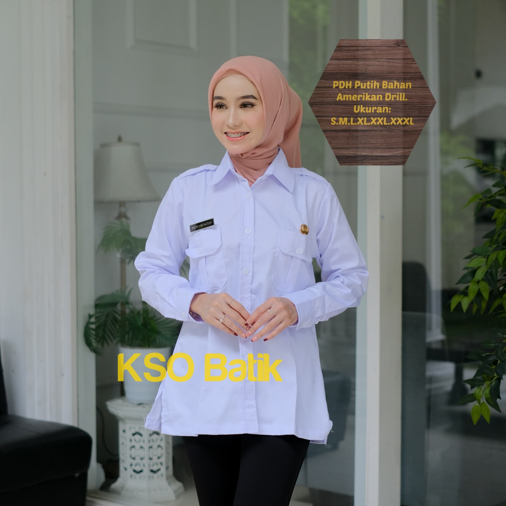 blus putih wanita kerah v lengan panjang bahan katun untuk seragam kerja