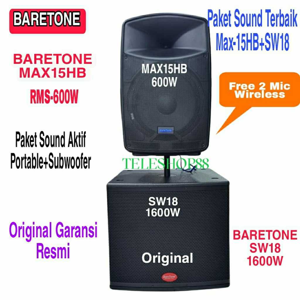 Paket Sound system Speaker Portable 15 Inch Baretone MAX15HB + Subwoofer 18 Inch Baretone SW18 Origi
