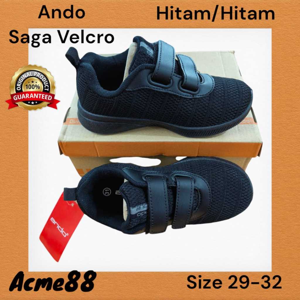 Ando Saga Sekolah Sepatu Sekolah Anak Velcro Hitam dengan Sol Karet Anti Licin Ukuran 29-32 Sekolah 