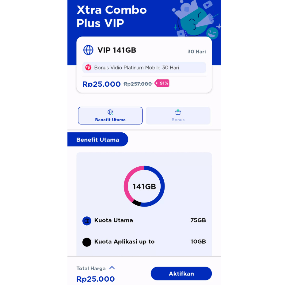 Kartu Perdana XL Xtra Combo VIP Plus 141GB - Diskon 90%
