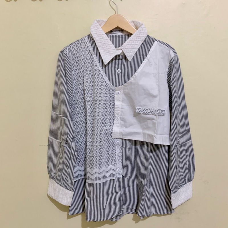 Kemeja Salur Brukat Renda Import - Kemeja Salur Renda Brukat - Blouse Salur Renda Brukat - Blouse Sa