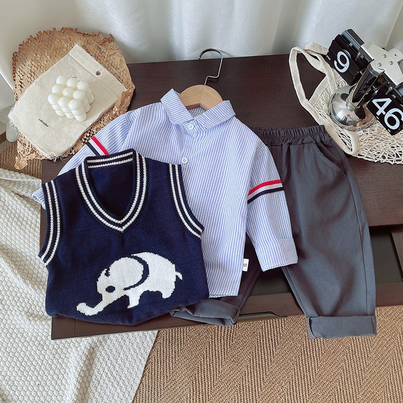Setelan Anak Kemeja Garis Rompi Vest dan Celana Panjang Baju Anak Set 3in1 BONETO motif Gajah