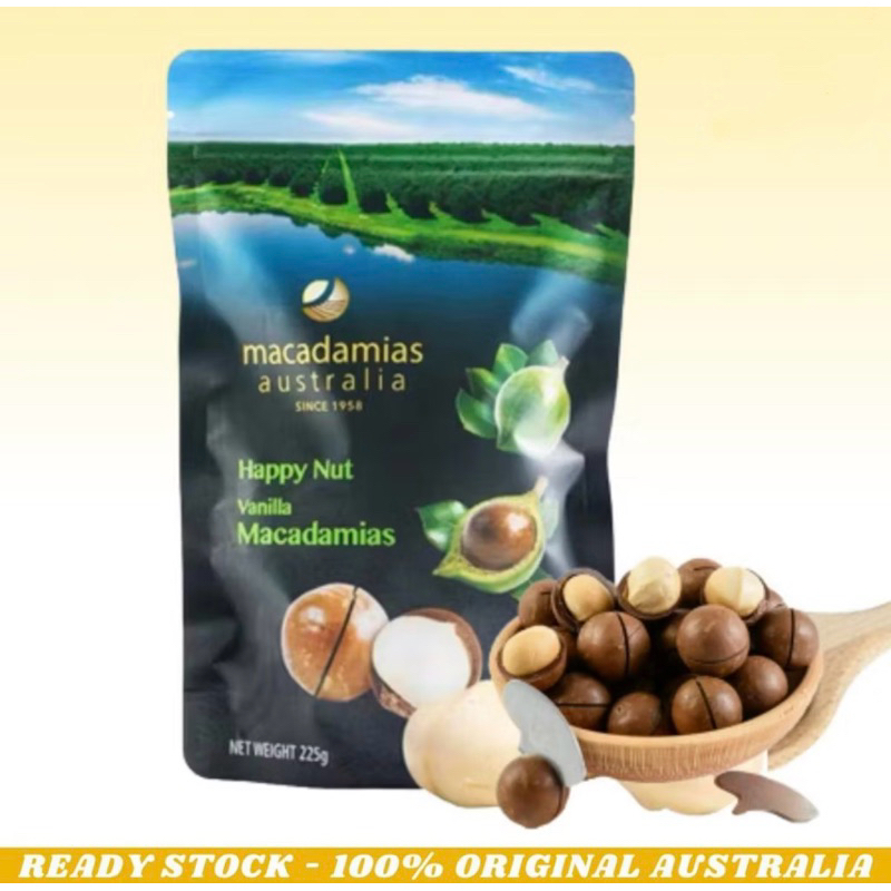 

Happy Nut Macadamias Australia Macadamia in Shell - Vanilla Flavour 225g / Exp Oct 2025 / Ready Bisa Gosend