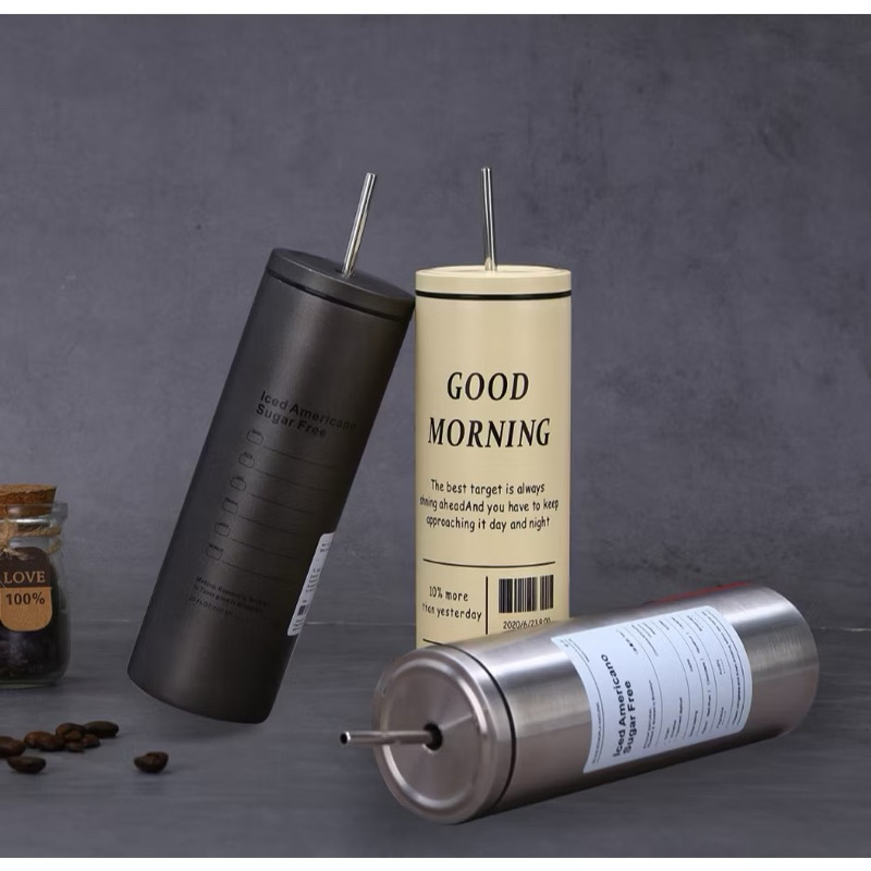 GS (SLIM) Tumbler Slim Americano Aesthetic Mug Coffee Tea Cup Stainless Steel dengan Sedotan 600ml /