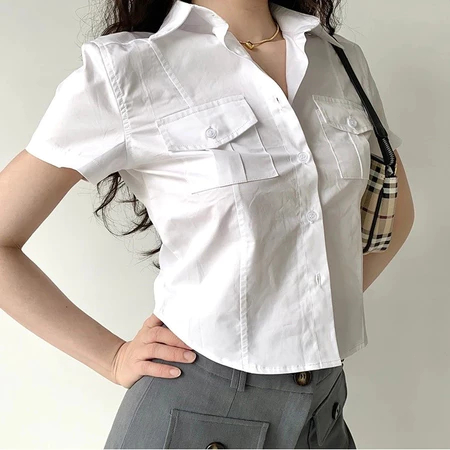 KATERMEN Kemeja Lengan Pendek Wanita - Kemeja Lengan Pendek Putih - Atasan Kemeja Kerja Wanita