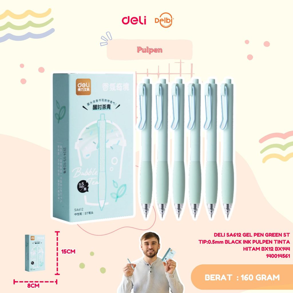 

DELI SA612 GEL PEN GREEN ST TIP:0.5mm BLACK INK PULPEN TINTA HITAM