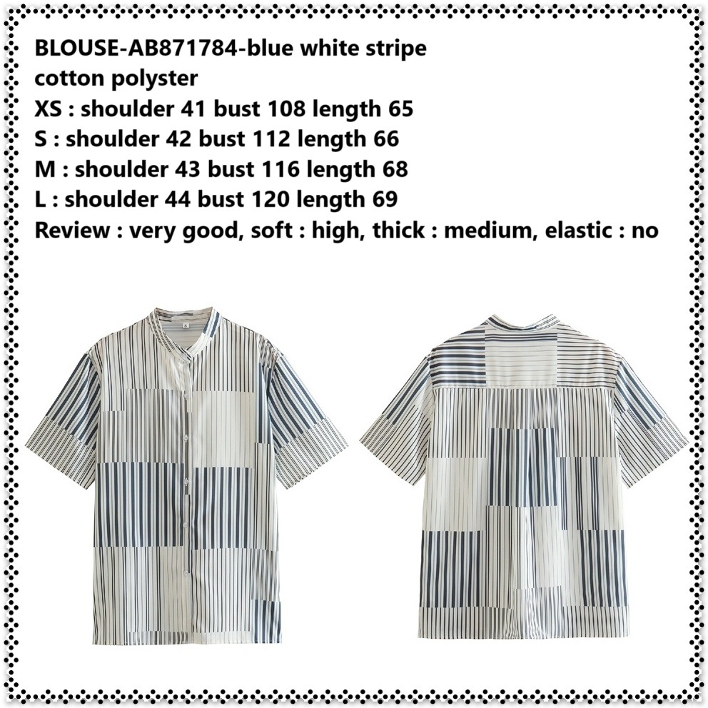 AB871784 Baju Atasan Kemeja Lengan Pendek Garis Biru Putih Wanita Korea Import Oversize Jumbo Big Si
