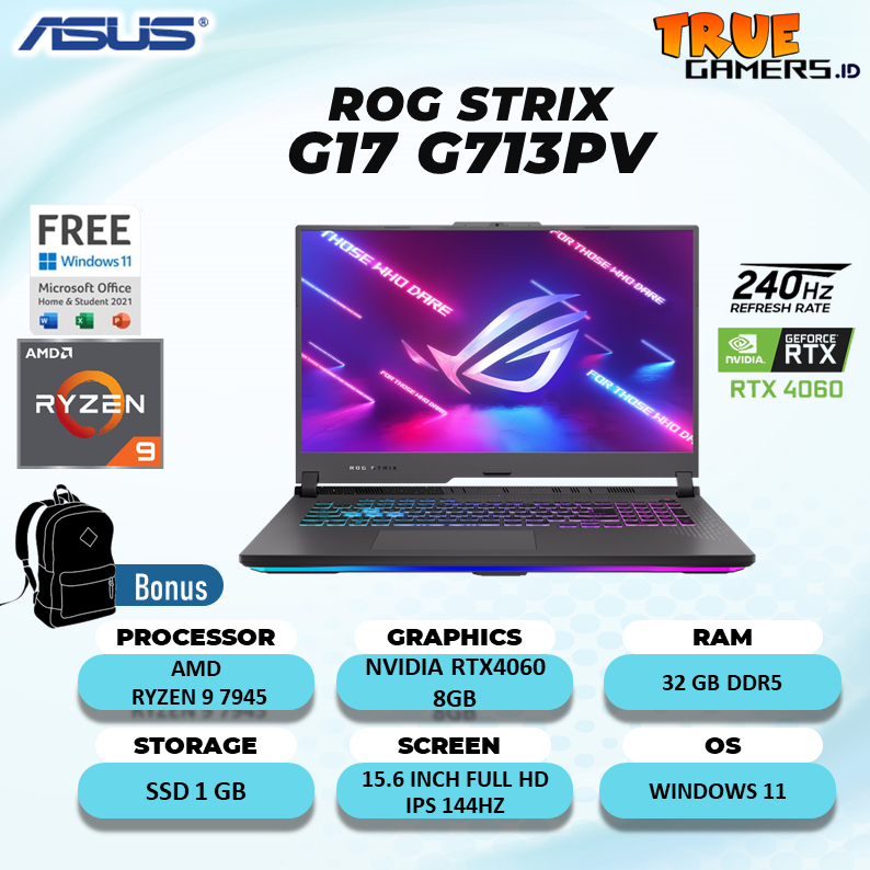 Laptop Gaming Asus ROG STRIX G17 G713PV RTX4060 8GB  RYZEN 9 7845 32GB 1TB 17.3 QHD 240HZ