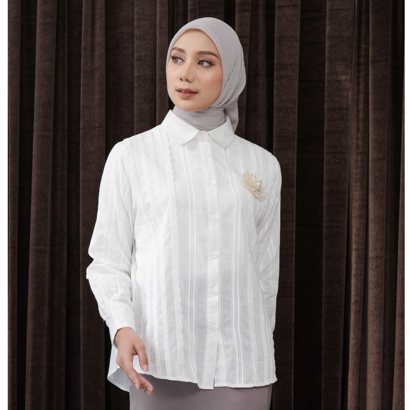 Mayoutfit Jadine Shirt | Kemeja Putih Wanita Katun Kombi Bordir Lace Renda Oversized Blus