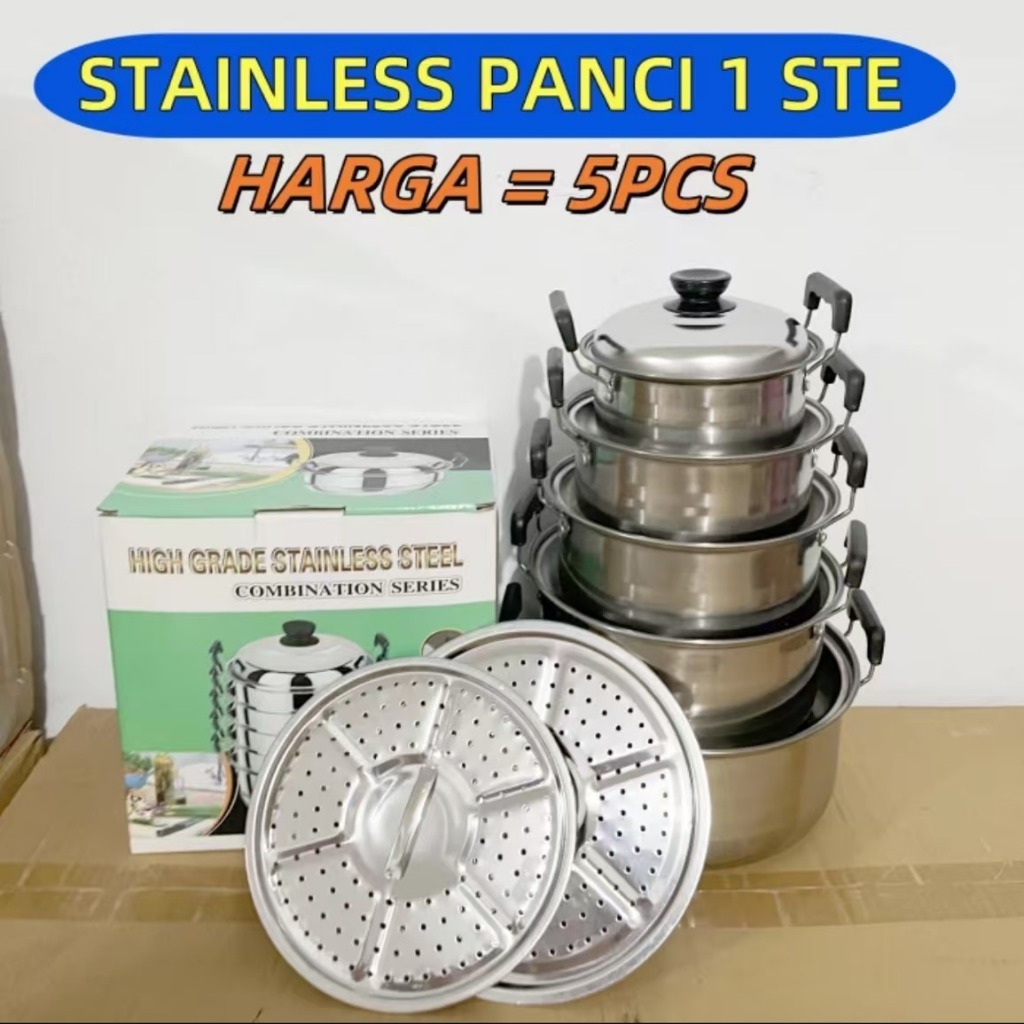 Panci Steamer Set Stainless isi 5 pcs + 2pcs Kukusan Panci Bahan Tebal PREMIUM/Panci Stainless set
