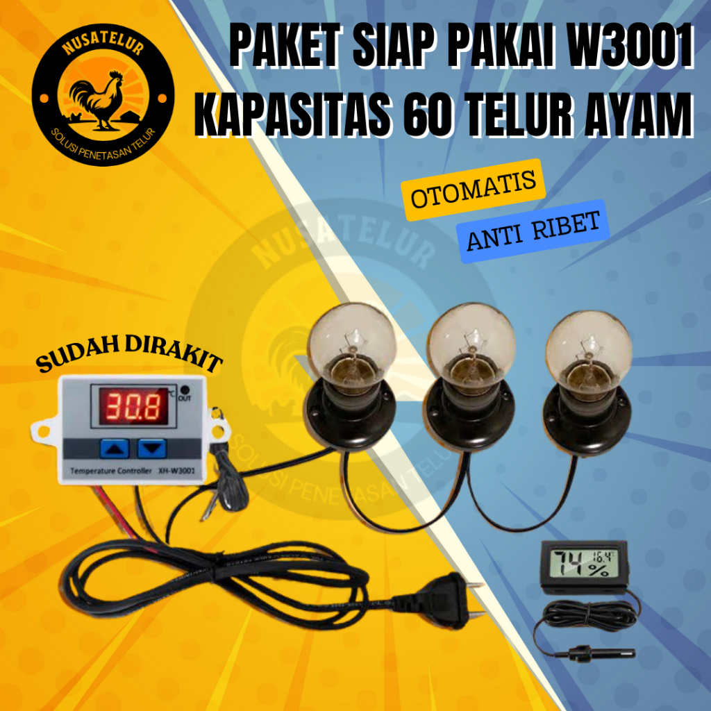 NUSATELUR Paket Siap Pakai Termostat XH-W3001 Kapasitas 50 - 60 Butir Telur Ayam Otomatis Suhu Panas
