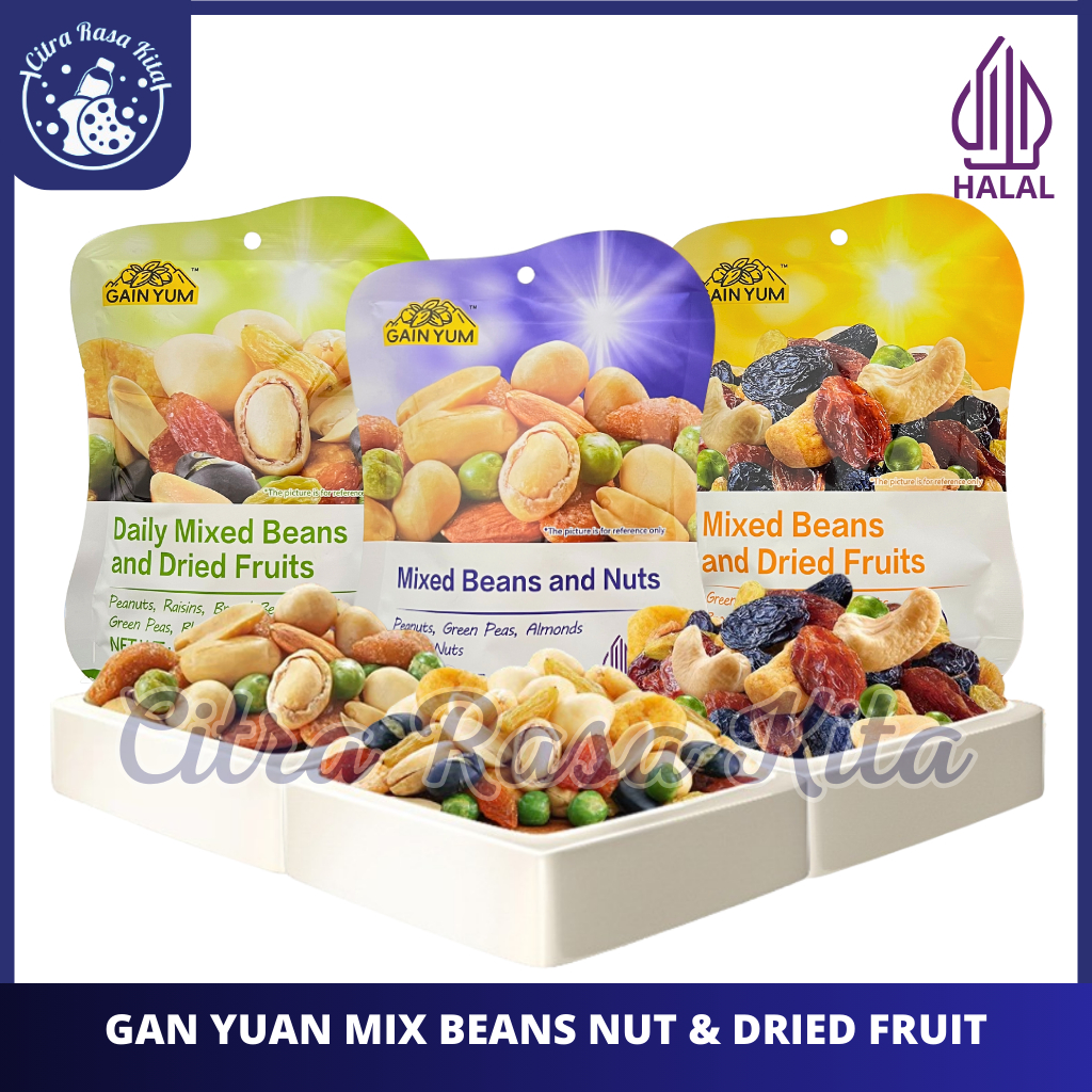 

Halal Gan Yuan Snacks Kacang Daily Mixed Beans Nuts & Dried Fruits Halal 75gr