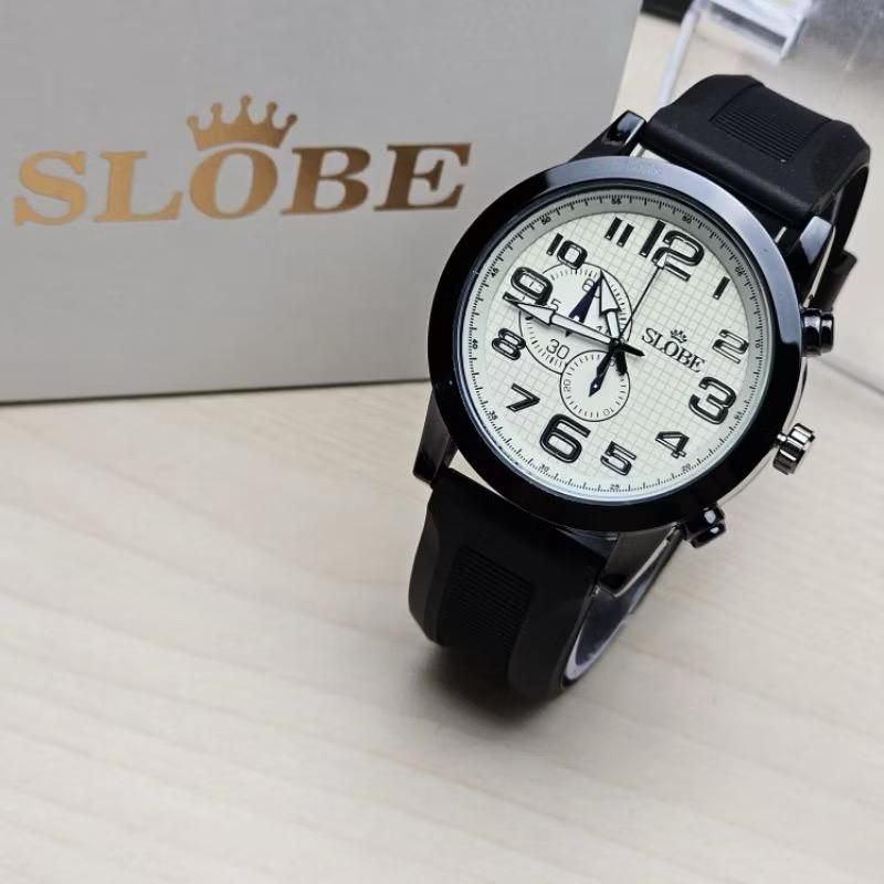PROMO Jam Tangan Analog Pria Slobe Strap Kulit Free Box Dan Baterai Cadangan