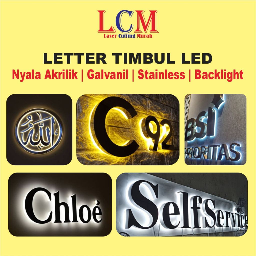Huruf Timbul LED Nyala Akrilik Galvanil Stainless Backlight