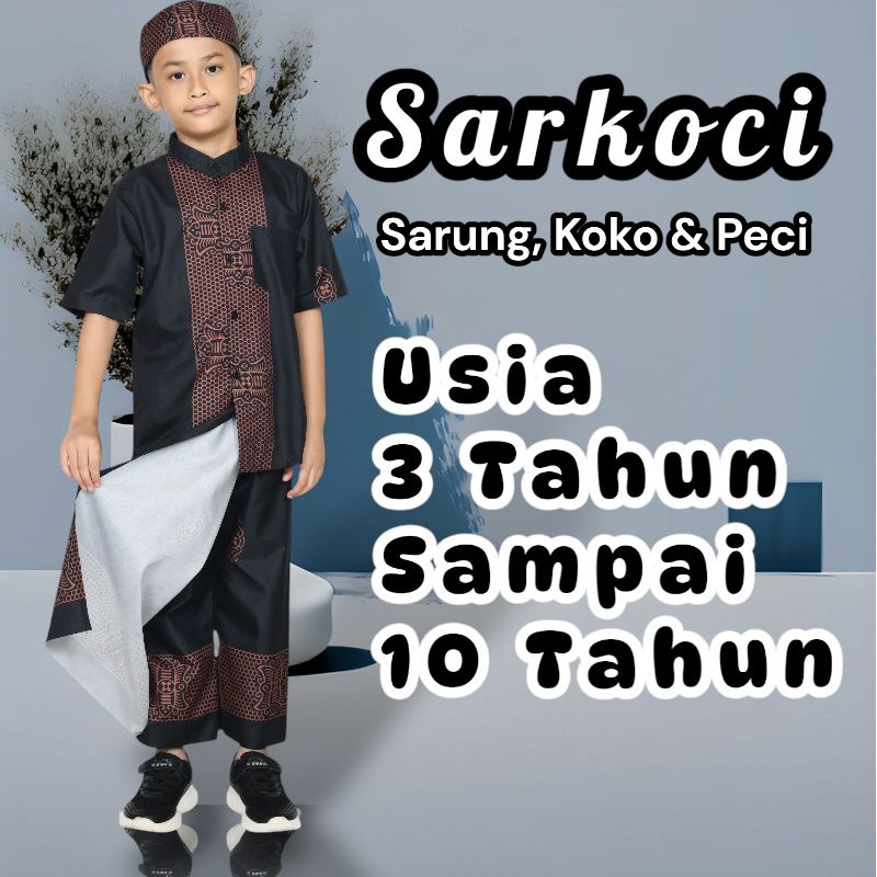 Setelan Baju koko Anak Laki-laki Muslim Sarkoci Batik Pekalongan Usia 3-10 Tahun Peci Katun ngaji