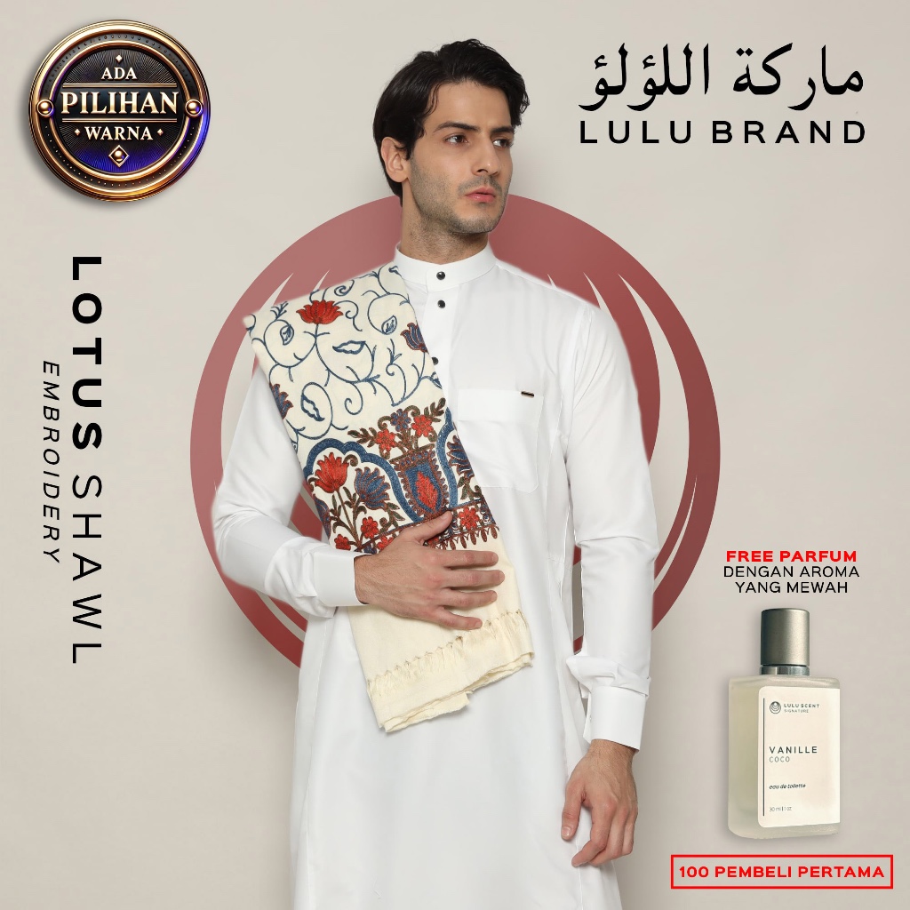Sorban Kashmiri Motif Sulam Bordir Premium Asli India Rida Putih Hitam LULU BRAND 438 Lotus Shawl