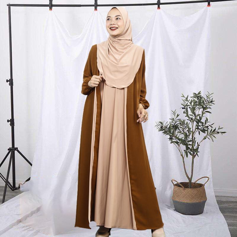 ADN- Haura Gamis Outer | Dress Panjang Bahan Cringkel mix Jersey