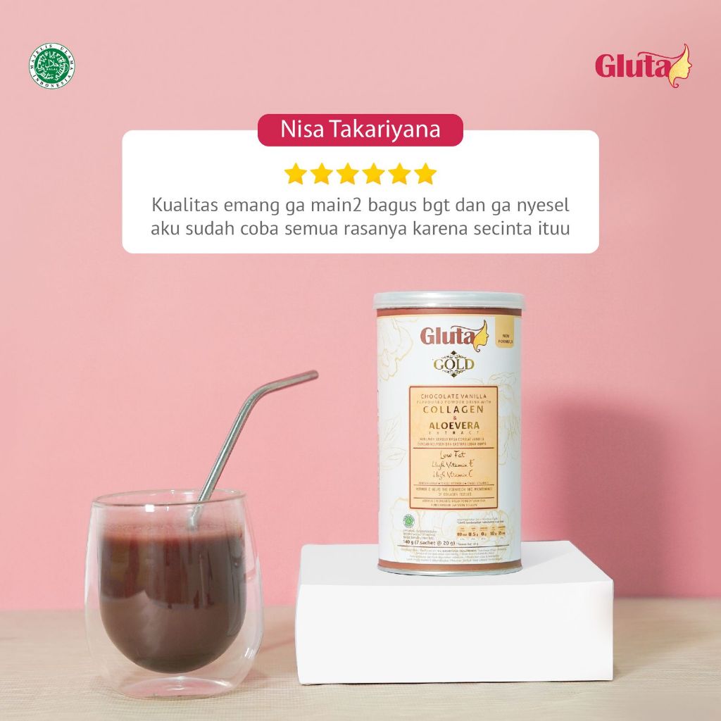 MINUMAN COLLAGEN DRINK BPOM HALAL | GLUTA GOLD CHOCOLATE VANILLA ISI 7 SACHET BUMIL & BUSUI APPROVED