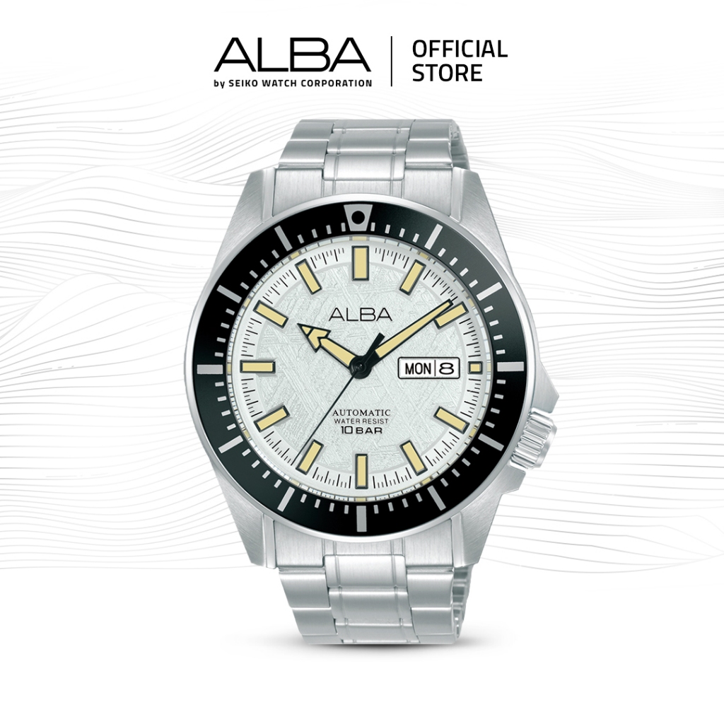 Alba Mechanical Jam Tangan Pria AL4721 / AL4721X1 Automatic Silver White Pattern Dial Stainless Stee