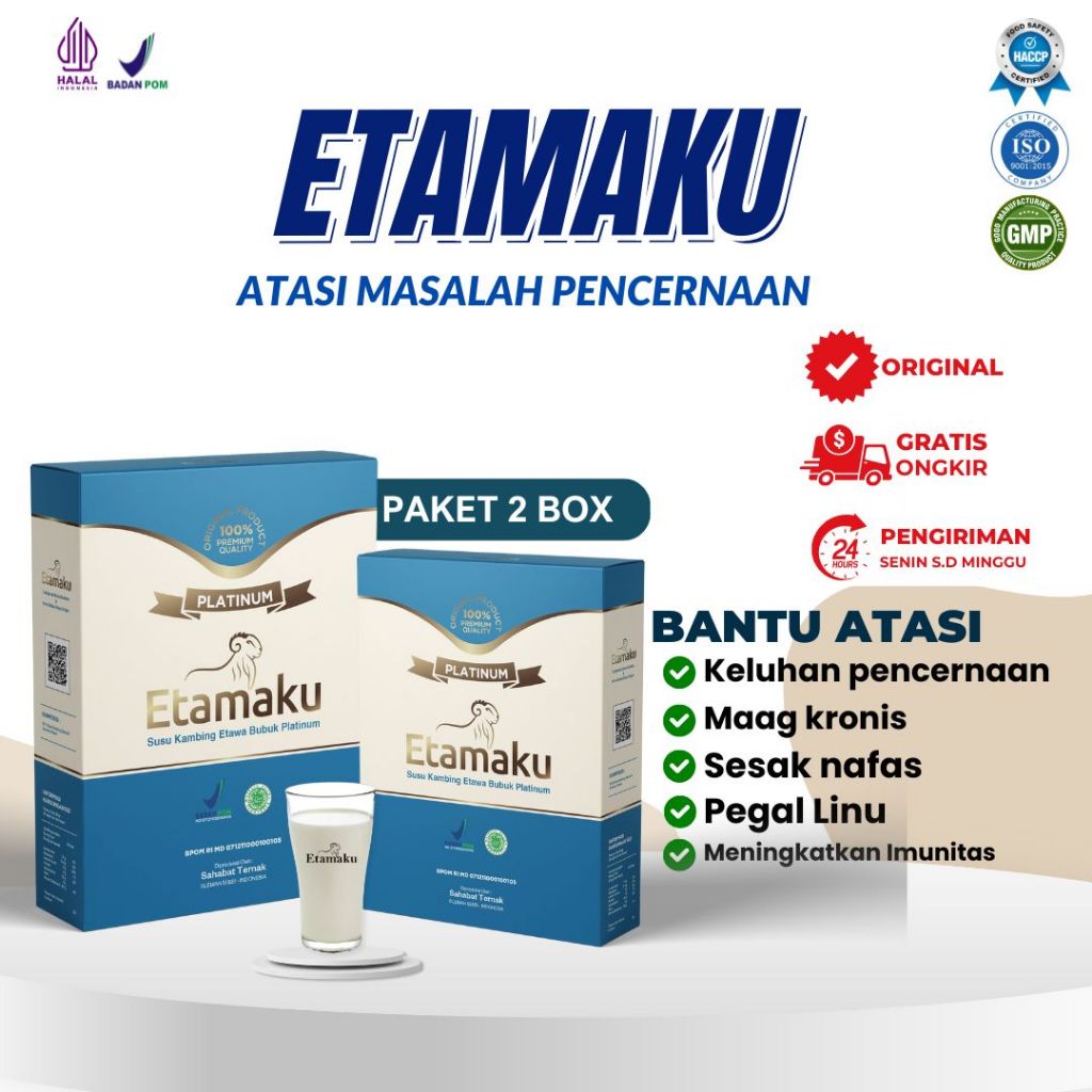 

(Kemasan box) Etamaku Platinum Susu Bubuk Kambing Etawa Untuk Sesak Nafas, Keluhan Pencernaan, Nyeri Sendi dan Osteoporosis Kemasan Paket 2 box