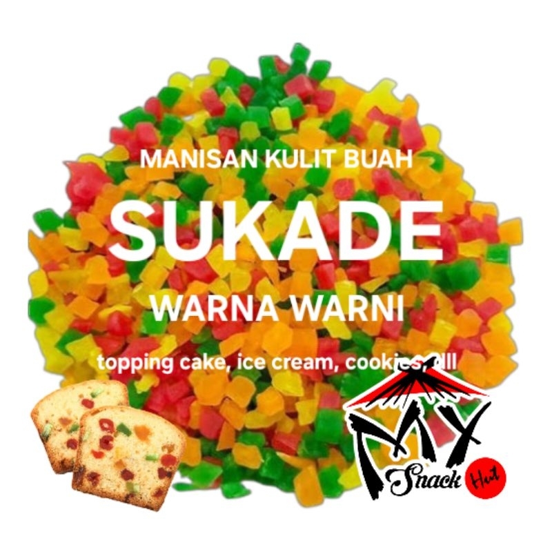 

SUKADE 100GR MANISAN BUAH WARNA WARNI MERAH HIJAU KUNING ORANGE ORANYE TOPPING ROTI KUE CAKE HALAL