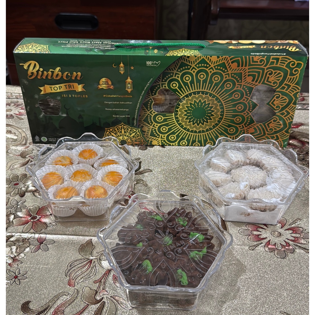 

Binbon Top Tri - 3 Toples cookies premium - Halal 100% - Kue Kering - Kue Lebaran - Hampers Lebaran