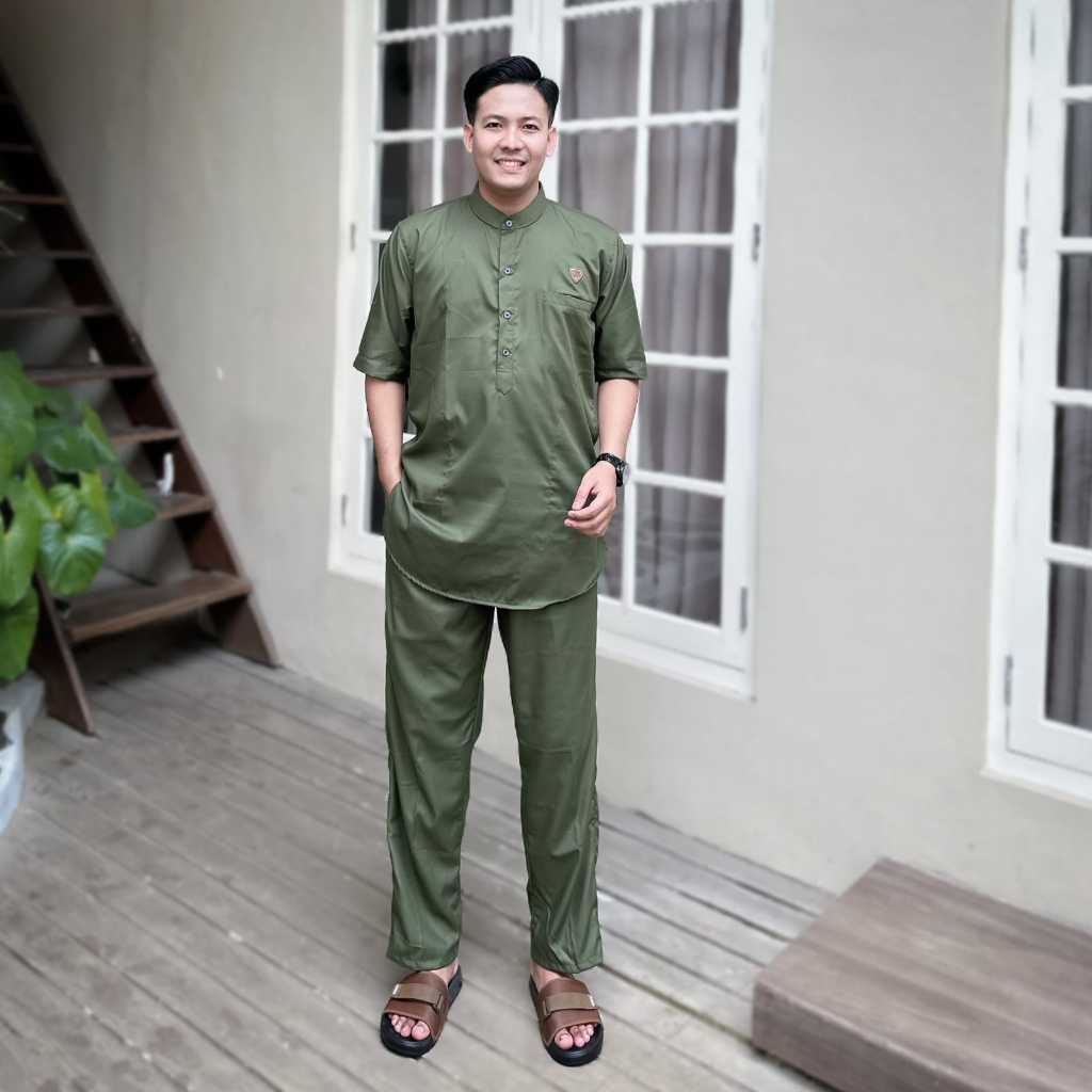 Baju Koko Pria Dewasa Kemeja Koko Pria One SET Lengan Pendek Toyobo Premium Warna Army