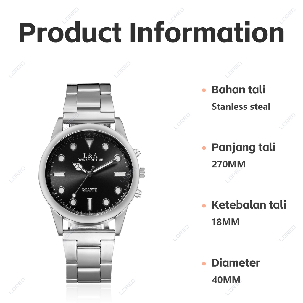Loreo - Jam Tangan Analog Pria Stainless / Jam Tangan Bisnis Dial Bulat