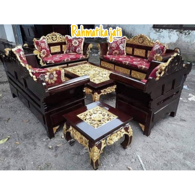 kursi tamu model Madura lengkap busa dudukan dan bantal peluk bahan full kayu jati ukiran Jepara